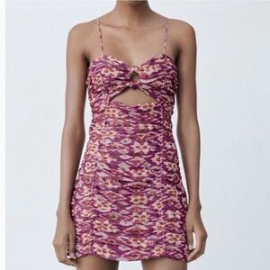 ZARA women's Purple Gold Metallic Twist Front Draped Ruched Dress size M NEW